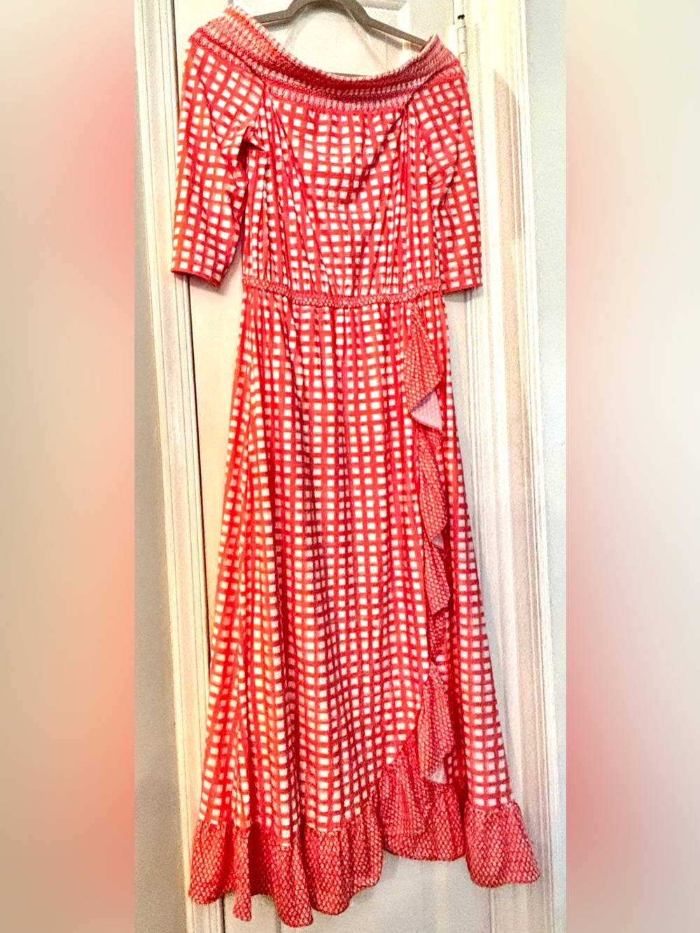 Cabana Life Coral and White Gingham Maxi Dress with rising Ruffle Trim - size M